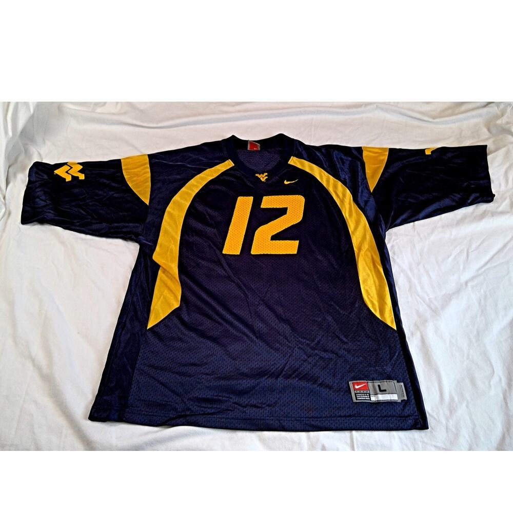 VTG Y2K Nike West Virginia Mountaineers Football Jersey Large Blue/Gold #12 NCAA